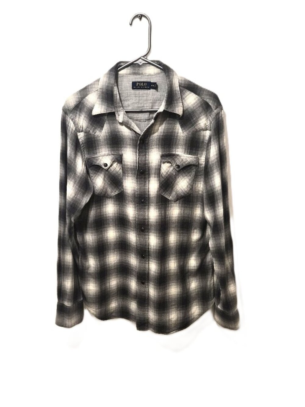 Polo Ralph Lauren Lined Plaid Western Shirt Grey White Snap Buttons Western Prep